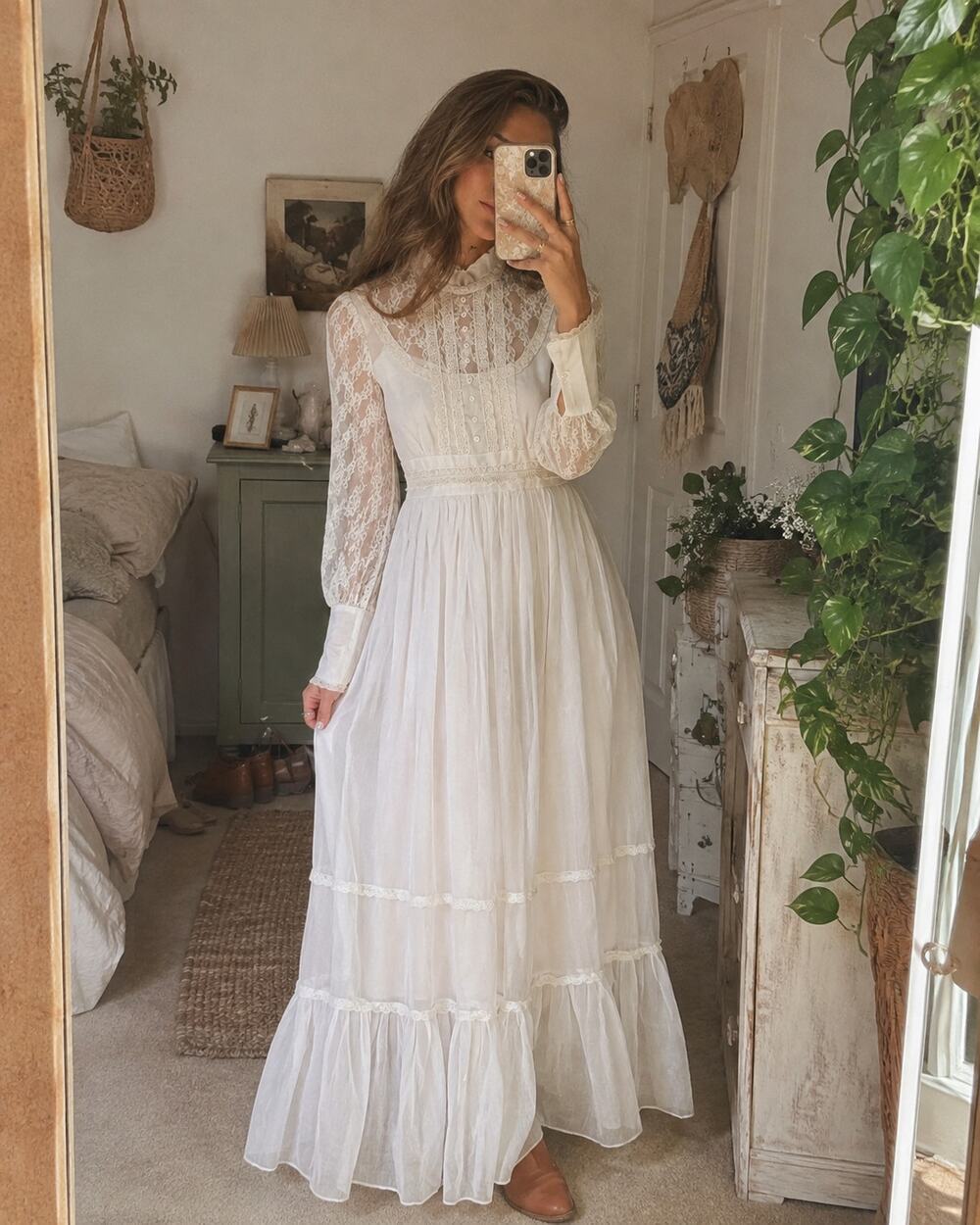 1970s Gunne Sax Victorian Lace Wedding Dress | White Prairie Maxi Dress - Picture 2 of 12
